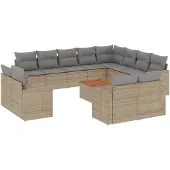 vidaXL 13-tlg. Garten-Sofagarnitur mit Kissen Beige Poly Rattan