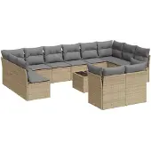 vidaXL 13-tlg. Garten-Sofagarnitur mit Kissen Beige Poly Rattan