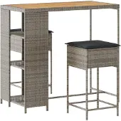 vidaXL 3-tlg. Gartenbar-Set mit Kissen Grau Poly Rattan