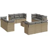 vidaXL 13-tlg. Garten-Sofagarnitur mit Kissen Beige Poly Rattan