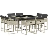vidaXL 9-tlg. Garten-Essgruppe mit Kissen Hellgrau Poly Rattan