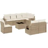 vidaXL 9-tlg. Garten-Sofagarnitur mit Kissen Beige Poly Rattan