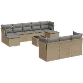 vidaXL 11-tlg. Garten-Sofagarnitur mit Kissen Beige Poly Rattan