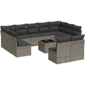vidaXL 12-tlg. Garten-Sofagarnitur mit Kissen Grau Poly Rattan