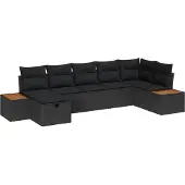 vidaXL Garten-Sofa-Set mit Kissen 7 pcs Schwarz Poly Rattan