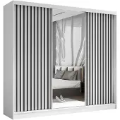 Beautysofa Schwebetürenschrank HELIX 240cm Weiß/Schwarz – 3-türig, Kleiderschrank mit Lamellen & Spiegel & Schiebetüren