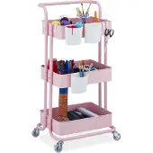 Relaxdays Rollwagen, 3 Etagen, 2 Bremsen, Allzweckwagen für Küche und Büro, Rollregal HBT 86x38x39 cm, Metall, rosa