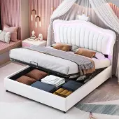STILVORA Polsterbet 140x200 Kinderbett Jugendbett mit LED-Leuchten und Bettkasten Stauraum,Einzelbett mit Kroneform Kopfteil und Lattenrost,mit Matratze,Weiß