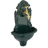 Relaxdays Wandbrunnen, mit Wasserhahn, antik, Waschbecken Garten, Aluminiumguss, HxBxT: 40 x 24,5 x 15 cm, grün/gold