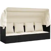 Syfax Outdoor-Loungebett mit Dach und Kissen Schwarz Poly Rattan