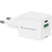 Conceptronic 2-Port 20W GaN USB-PD-Ladegerät, USB-C x 1, USB-A x 1, QC 3.0, PPS, Drinnen, AC, 12 V, Weiß
