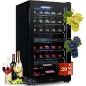Klarstein Weinkühlschrank, 2 Zonen Getränkekühlschrank Klein, Freistehender Kleiner Weinschrank 80L, Wein-Kühlschrank mit Glastür, Indoor/Outdoor Flaschenkühlschrank, Wine Fridge 29 Flaschen