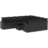 vidaXL 11-tlg. Garten-Sofagarnitur mit Kissen Schwarz Poly Rattan