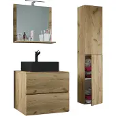 VCM 4-tlg. Waschplatz Waschtisch | schwarzes Waschbecken Unterschrank Breite 60 cm | Badmöbel Set mit Schubladen Drehtüren Spiegel | Lendas S BL