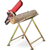 Relaxdays Sägebock mit Kettensägenhalterung, Kettenschutz, Messstab, bis 120 kg, klappbares Sägegestell, Metall, gold