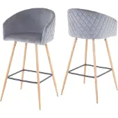 Mendler 2er-Set Barhocker MCW-D72, Barstuhl Tresenhocker Küchenhocker mit Lehne, Metall Holzoptik Samt, grau