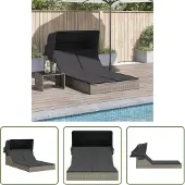 The Living Store Doppel-Sonnenliege mit Dach und Auflagen Grau Poly Rattan