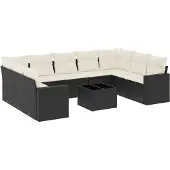 vidaXL 10-tlg. Garten-Sofagarnitur mit Kissen Schwarz Poly Rattan