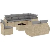 vidaXL 9-tlg. Garten-Sofagarnitur mit Kissen Beige Poly Rattan