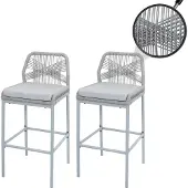 Mendler 2er-Set Rope-Barhocker HWC-O21, Outdoor Sitzpolster Seilgeflecht Metall hellgrau, Kissen hellgrau