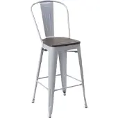 Mendler Barhocker MCW-A73 inkl. Holz-Sitzfläche, Barstuhl Tresenhocker mit Lehne, Metall Industriedesign grau
