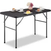 Relaxdays Gartentisch, Holzoptik, eckig, HxBxT: 74 x 118 x 60 cm, Kunststoff, Metall, klappbarer Terrassentisch, schwarz