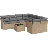 vidaXL 9-tlg. Garten-Sofagarnitur mit Kissen Beige Poly Rattan