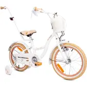 Sun baby Flower Bike Kinderfahrrad für Mädchen 16 Zoll, ab 4 Jahre, mit Stützrädern, abnehmbarer Schubstange, Korb, Klingel, Rücktrittbremse & V-Brake