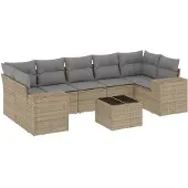 vidaXL 8-tlg. Garten-Sofagarnitur mit Kissen Beige Poly Rattan