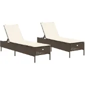 vidaXL Sonnenliegen mit Auflagen 2 Stk. Braun Poly Rattan