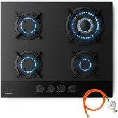 Klarstein Goldflame Nano Gaskochfeld, 4 Messingbrenner, 60 cm Glas, 8 kW, Wok-Brenner, Nanobeschichtung, Flammenausfallschutz, Automatische Zündung, Umrüstbar für NG/LPG, Gasherd Küche