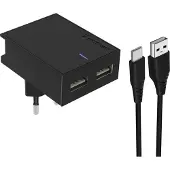 Swissten , Wandladegerät (Dual USB, 3A) mit USB-C Kabel (Slim Series), Schwarz