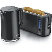 Arendo Frühstücksset, Wasserkocher mit Temperatureinstellung, Edelstahl, 2200W, 1,5L + Toaster 2 Scheiben, Langschlitztoaster 2 Scheiben, Langschlitz, 1000W, Schwarz