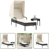 The Living Store Sonnenliege mit Dach und Tisch Schwarz Poly Rattan