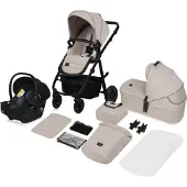 Lionelo Amber Plus - Kombikinderwagen 3 in 1 - Set sportlicher, Sitz, fester Babywanne, Autositz, Tasche, Moskitonetz, Regenschutz - Beige Sand