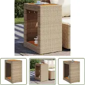 The Living Store Garten-Beistelltisch mit Holzplatte Beige Poly Rattan