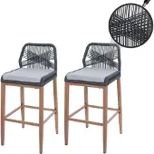 Mendler 2er-Set Rope-Barhocker MCW-O21, Outdoor Sitzpolster Seilgeflecht Metall Holz-Optik anthrazit, Kissen hellgrau