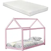 En.casa [] Kinderbett mit Matratze 90x200cm Rosa Holz Haus Design Kiefernholz Bett Holzbett Hausbett Kaltschaummatratze Standard 100 Allergikergeeignet Atmungsaktiv