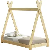 En.casa [] Kinderbett 70x140cm Natur Holz im Tipi-Design aus Kiefernholz Jugendbett Bett Holzbett Hausbett