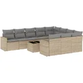 vidaXL 11-tlg. Garten-Sofagarnitur mit Kissen Beige Poly Rattan