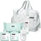Suavinex , Baby-Trolley mit Kosmetik: Gel Shampoo Syndet 300 ml + Feuchtigkeitsspendende Lotion 300 ml + Salbe 75 ml + Baby Cologne 100 ml + Tücher 72 Stück Mint Blau tasche