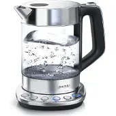 Arendo Wasserkocher mit Temperatureinstellung 70°C - 100°C, Temperaturwahl, Glas, Edelstahl, 1,5 L, 2200W, Warmhaltefunktion, Basisstation, silber/transparent