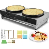 Vevor elektrischer Crepemaker mit Doppelkopf 6000 W antihaftbeschichteter fannkuchenherd aus Edelstahl, runder, Temperaturregelung, Kein Stecker