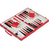 Relaxdays Backgammon Koffer, inkl. Zubehör, HxBxT: 5 x 36,5 x 24 cm, elegante Lederoptik, Brettspiel, Würfelspiel, rot