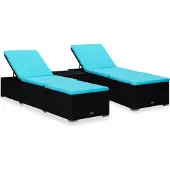 Syfax 3-tlg. Garten-Sonnenliegen mit Teetisch Poly Rattan Schwarz