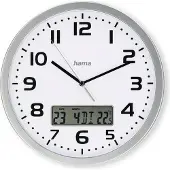 Hama DCF-Funkwanduhr "Moorea" mit Datums- und Temperaturanzeige, Wand, Analoge Uhr, Rund, Silber, Weiß, Kunststoff, Glas