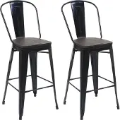 Mendler 2er-Set Barhocker MCW-A73 inkl. Holz-Sitzfläche, Barstuhl Tresenhocker mit Lehne, Metall Industriedesign schwarz