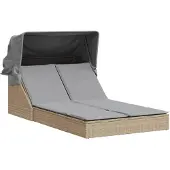 vidaXL Doppel-Sonnenliege mit Dach und Auflagen Beige Poly Rattan