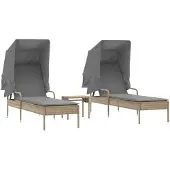 vidaXL Sonnenliegen 2 Stk. mit Dach und Tisch Beige Poly Rattan