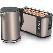 Arendo Frühstücks-Set, Wasserkocher 1,5l, Langschlitz Toaster für 4 Scheiben, Beige